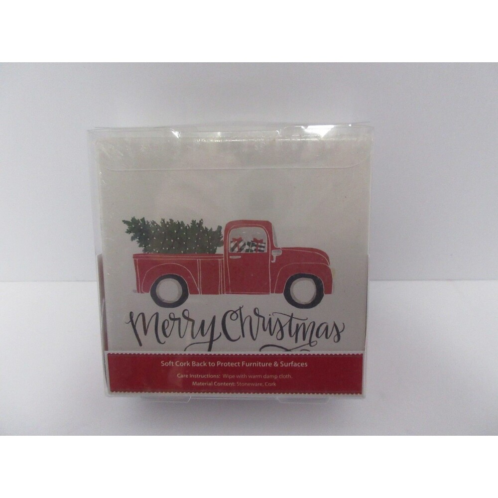 Holiday Time Coasters Christmas Red Pickup Truck & Plaid Cocoa Square Set of 4